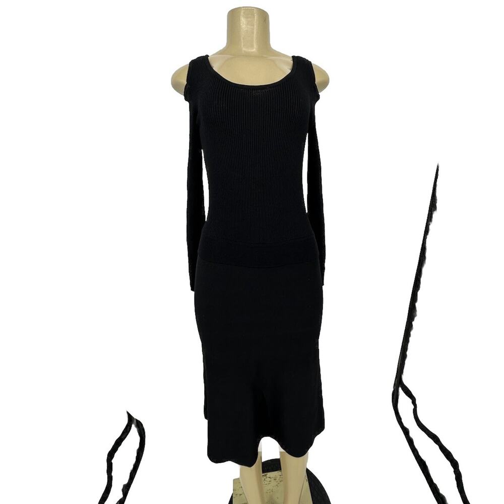NEW DKNY XXS Women Black MIDI Knit Dress Cold Shoulder Long Sleeve 48-4